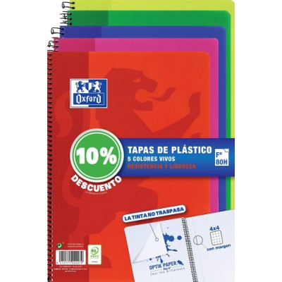 PACK 5 CUADERNOS TAPA PLaSTICO Fº 80H4X4 COLORES VIVOS OXFORD 400091365