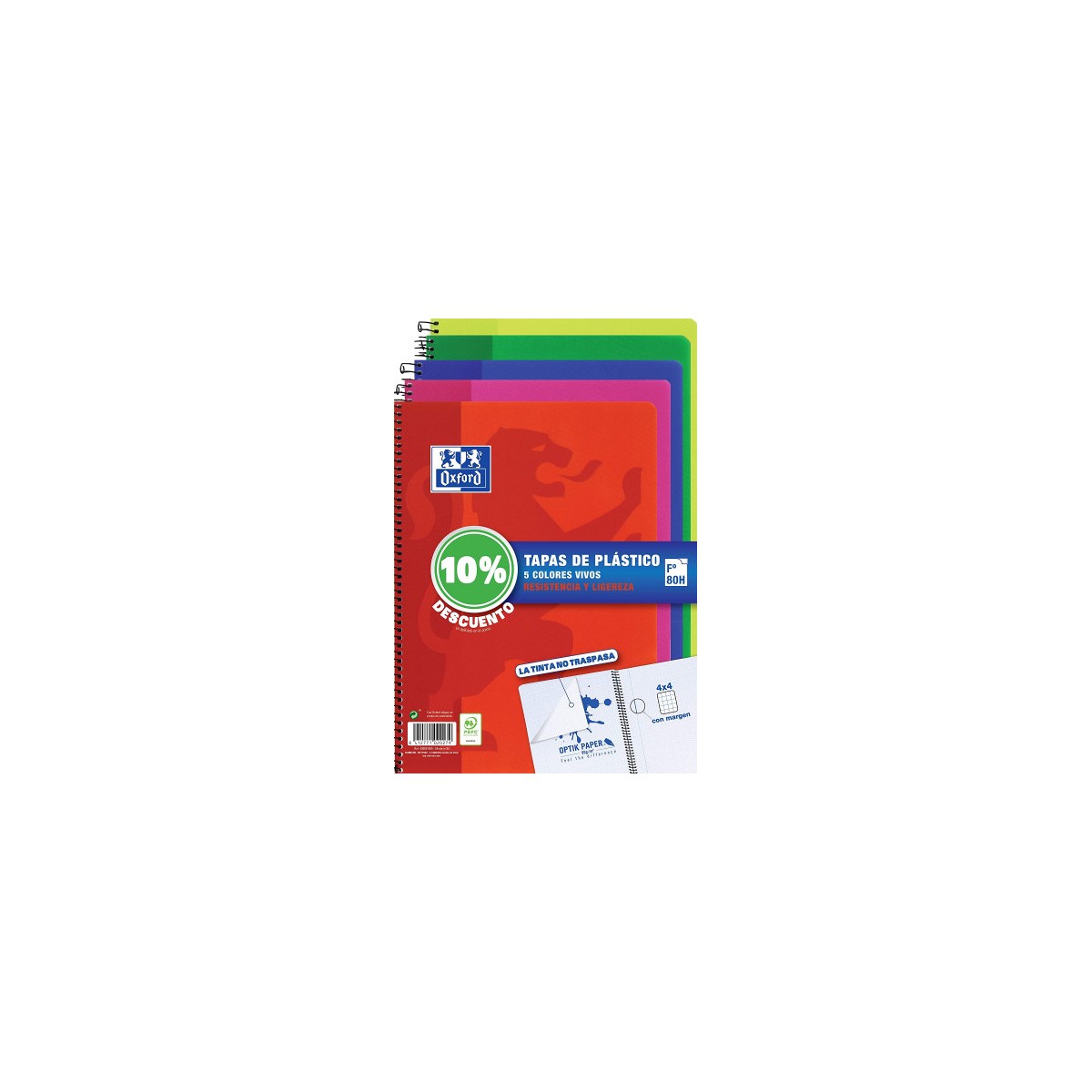 PACK 5 CUADERNOS TAPA PLaSTICO Fº 80H4X4 COLORES VIVOS OXFORD 400091365