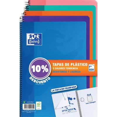 PACK 5 CUADERNOS TAPA PLaSTICO Fº 80H4X4 COLORES TENDENCIA OXFORD 400091366