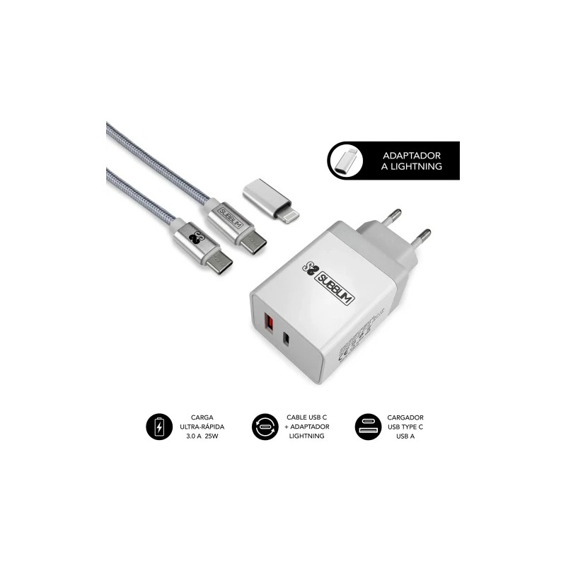 10963-SUBBLIM CARGADOR ULTRA RAPIDO 2xUSB DE PARED PD25W+QC3.0+Cable C to C y lightning Blanco 10963-SUBBLIM CARGADOR ULTRA RAPIDO 2xUSB DE PARED PD25W+QC3.0+Cable C to C y lightning Blanco