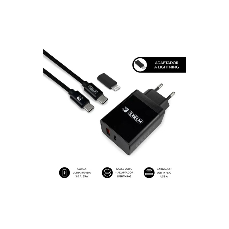 10965-SUBBLIM CARGADOR ULTRA RAPIDO 2xUSB DE PARED PD25W+QC3.0+Cable C to C y lightning Negro 10965-SUBBLIM CARGADOR ULTRA RAPIDO 2xUSB DE PARED PD25W+QC3.0+Cable C to C y lightning Negro