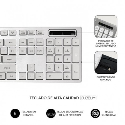 SUBBLIM Teclado Ergonomico y raton inalambricos Plano Silencioso Plateado Blanco Ergo