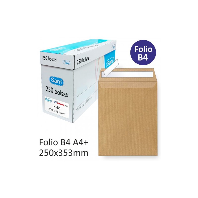 1263-CAJA 250 BOLSAS DIN B4 FOLIO (250X353) KRAFT 90 GRS. AUTOSAM AUTOADHESIVO CON TIRA DE SILICONA SAM 145607