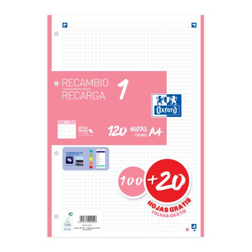 13025-RECAMBIO COLOR 1 A4  100+20 HOJAS 5X5 ROSA CHICLE 90GRS OXFORD 400158161