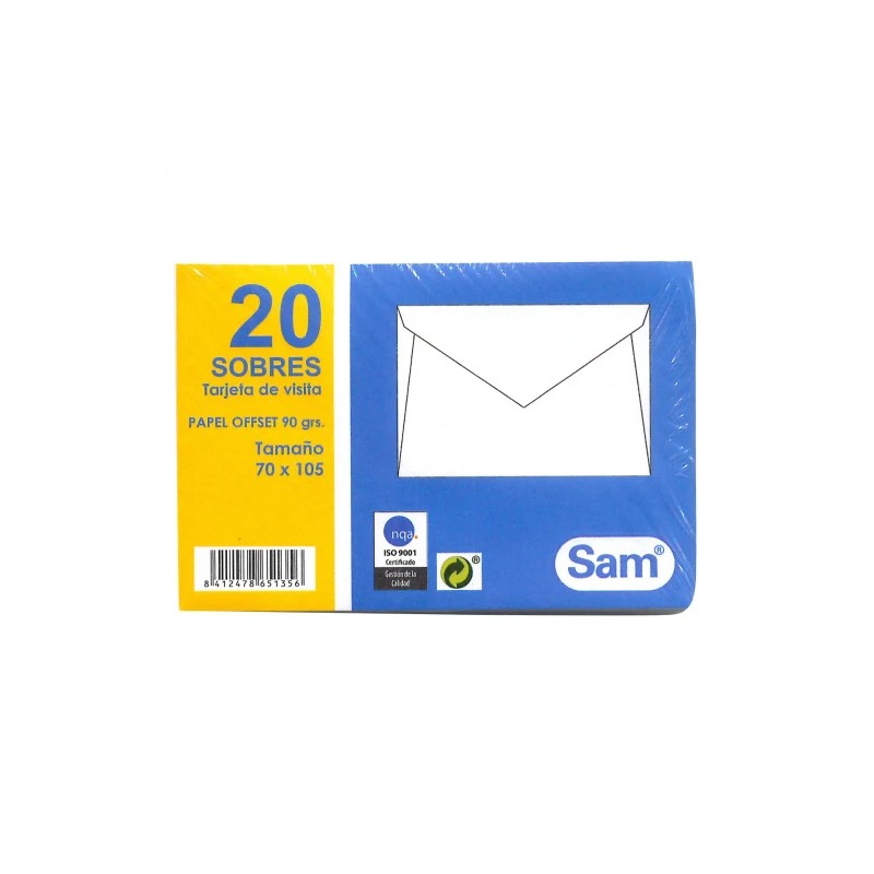 1310-PAQUETES DE 20 SOBRES TARJETA DE VISITA, OFFSET BLANCO 70X105, 90 GRS. ENGOMADO SAM 665135