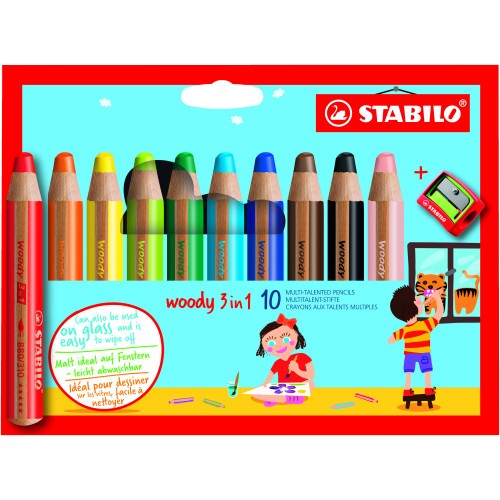 13172-ESTUCHE 10 LAPICES + SACAPUNTAS WOODY 3 COLORES EN 1 STABILO