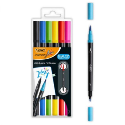 BIC Intensity Dual Tip rotulador Negro Azul Verde Purpura Rojo Amarillo 6 piezas