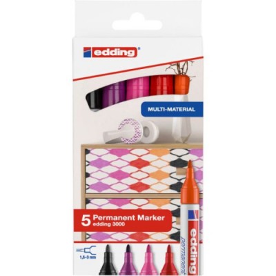 Edding 3000 marcador permanente Punta redonda Negro Magenta Naranja Rosa Rojo 5 piezas