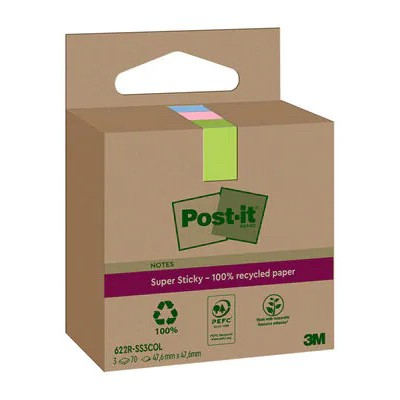 PACK 3 BLOCS 70 HOJAS NOTAS RECICLADAS ADHESIVAS 476X476MM SUPER STICKY COLORES SURTIDOS CAJA CARToN 622 RSS3COL POST IT 710028