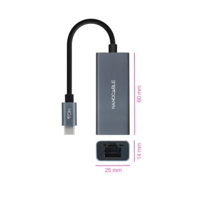 Nanocable Conversor USB C a Ethernet Gigabit 10 100 1000 Mbps Aluminio Gris 15 cm