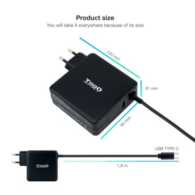 TOOQ CARGADOR PORTaTIL USB C PD30 90W NEGRO