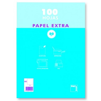 PAQUETE PAPEL EXTRA BLANCO SATINADO 100 HOJAS 80 GRS A 5 148X210MM LISO PACSA 21814