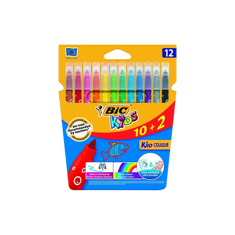 1501-ESTUCHE 10+2 ROTULADORES ULTRALAVABLES KID COULEUR TRAZO 0,8MM. 12 COLORES BIC 9202942