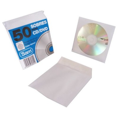 PAQUETE 50 SOBRES PARA CD DVDS BLANCO 90 GRS VENTANA PLASTIC0 108 DIAMETRO 125X125 ENGOMADO AUTOADHESIVO SAM 664897