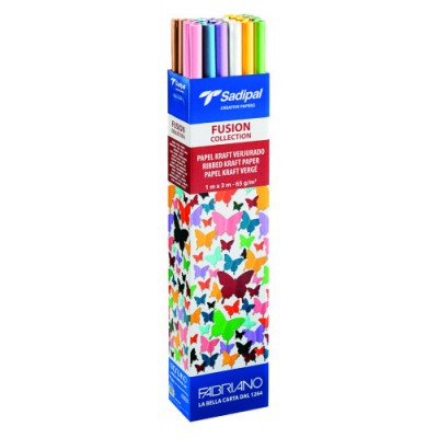 EXPOSITOR SURTIDO PAPEL KRAFT VERJURADO 65 G 1 X 3 M FUSION COLLECTION 24 ROLLOS 3 ROLLOS X KRAFT BLANCO AMARILLO LILA ROSA TUR