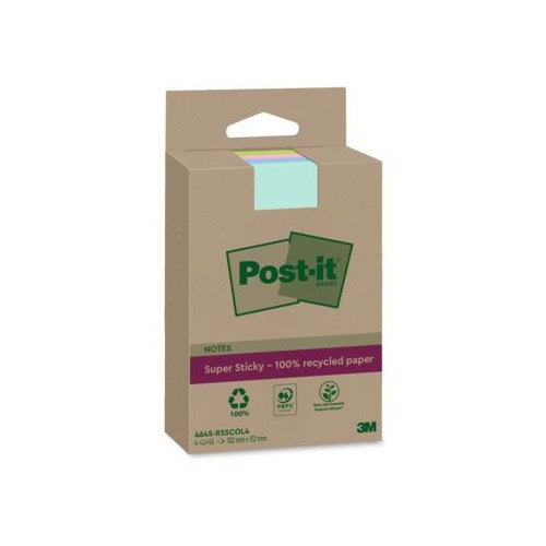 15589-PACK 4 BLOCS 45 HOJAS NOTAS RECICLADAS ADHESIVAS 102X152MM SUPER STICKY COLORES SURTIDOS CON LINEAS 4645-RSSCOL4 P