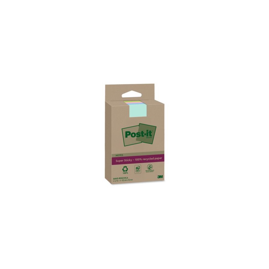 15589-PACK 4 BLOCS 45 HOJAS NOTAS RECICLADAS ADHESIVAS 102X152MM SUPER STICKY COLORES SURTIDOS CON LINEAS 4645-RSSCOL4 P