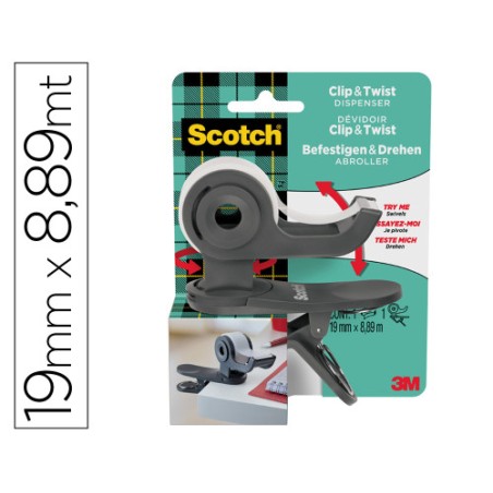 15666-DISPENADOR PORTARROLLOS CLIP C19 GRIS CON ROLLO CINTA INVISIBLE 19MM X 8,89M MAGIC C19-CLIP-CG-EMEA SCOTH 71002252