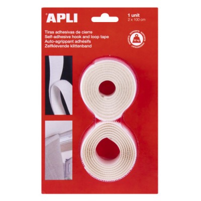 BLISTER 2 CINTAS TIPO VELCRO ADHESIVAS COLOR BLANCO 20 MM X 1 M APLI 13657