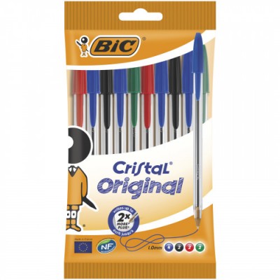 BOLSA 10 BOLIGRAFOS CRISTAL CON CUERPO TRANSPARENTE TRAZO 04MM COLORES SURTIDOS BIC 830865