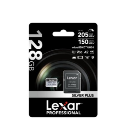18554-LEXAR 128GB LEXAR HIGH-PERFORMANCE SILVER PLUS MICROSDXC UHS-I, UP TO 205MB/S READ 150MB/S WRITE C10 A2 V30 U3,WIT