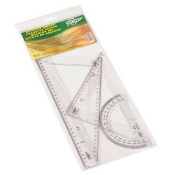 1878-ESTUCHE CON REGLA / ESCUADRA / CARTABON Y SEMICIRCULO 25 CM. PLASTICO FAIBO 804