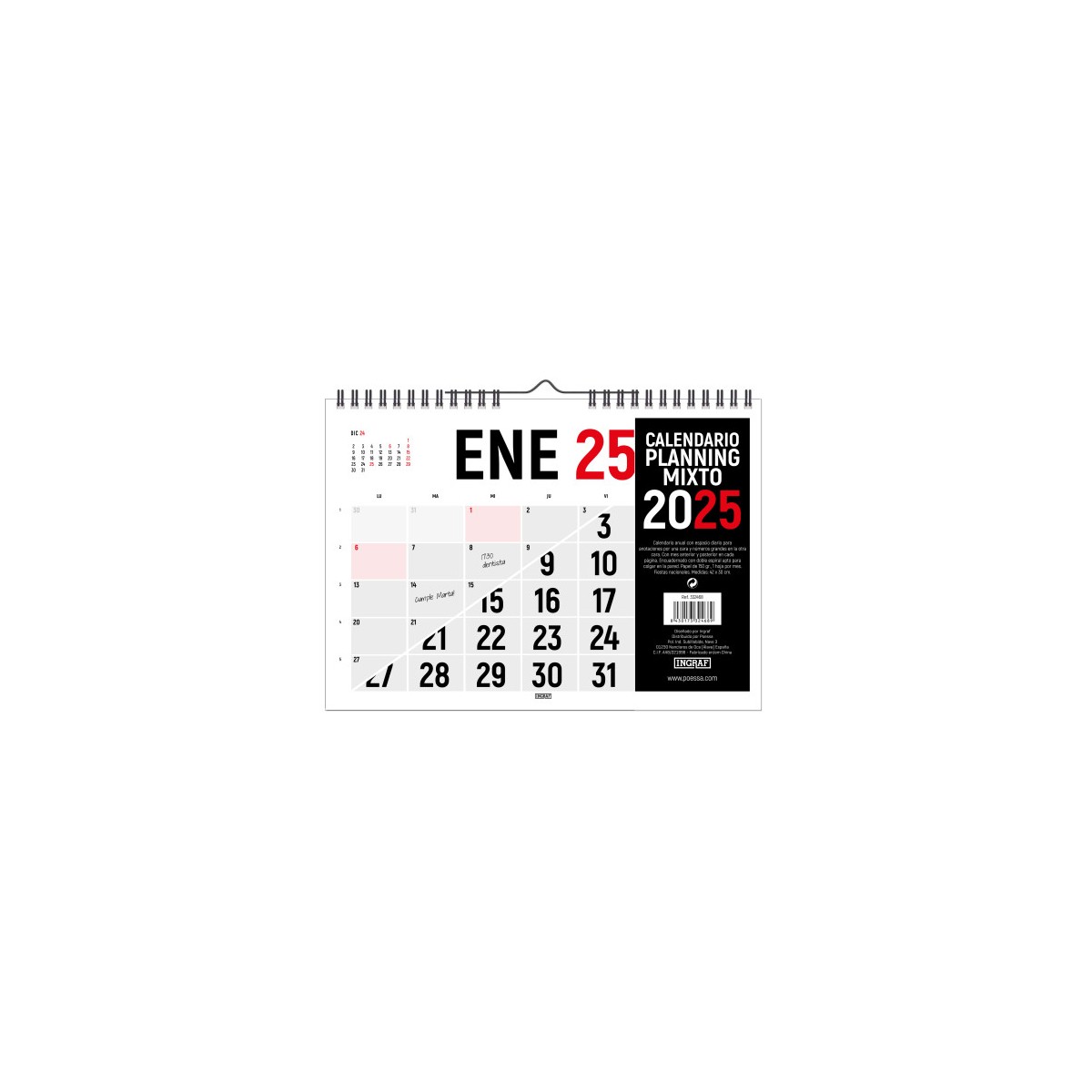 CALENDARIO 2025 PARED HORIZONTAL DOBLE CARA 42 x 30 CM INGRAF 332468