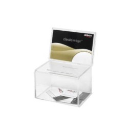 2148-CAJA PARA SUGERENCIAS O PROPINAS SIN LLAVE CON EXPOSITOR 16,5X11 CM TRANSPARENTE DEFLECTO 592901