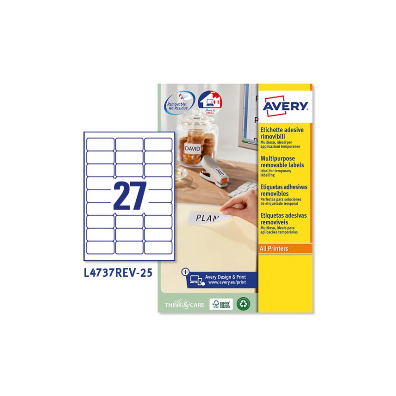 2280-PAQUETE 25 HOJAS ETIQUETAS DESPEGABLES ECOLOGICAS, CERTIFICADAS FSC-IMPRESORAS LASER-63,5X29,6 MM AVERY L4737REV-25