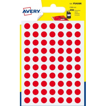 2288-PAQUETE 6 HOJAS ETIQUETAS REDONDAS GOMETS ROJAS 8MM DIAMETRO AVERY PSA08R