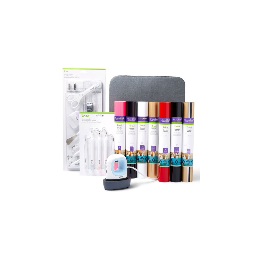 24337-Cricut EasyPress Mini, Zen Blue + Everything Iron -On Bundle Azul, Blanco