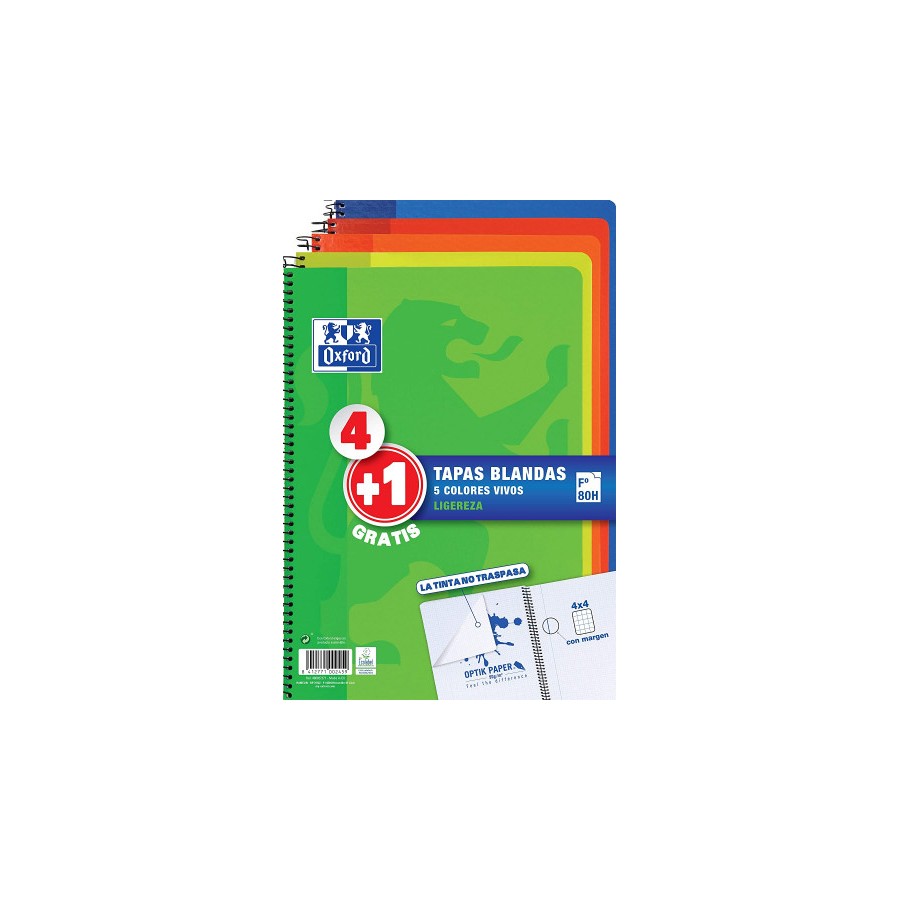 24473-PACK 4+1 CUADERNO ESPIRAL TAPA BLANDA FOLIO 80 HOJAS 4X4 CON MARGEN COLORES VIVOS OXFORD 400027271 24473-PACK 4+1 CUADERNO ESPIRAL TAPA BLANDA FOLIO 80 HOJAS 4X4 CON MARGEN COLORES VIVOS OXFORD 400027271