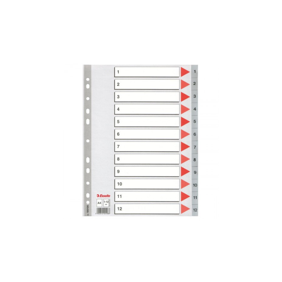 25259-SEPARADOR NUMERICO POLIPROPILENO MULTITALADRO 1-12 FORMATO A4 COLOR GRIS ESSELTE 47138