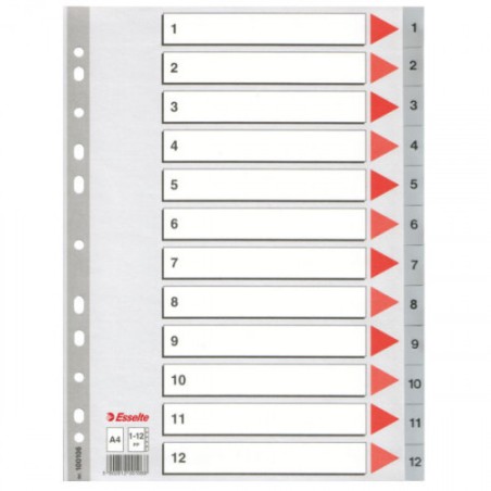 25259-SEPARADOR NUMERICO POLIPROPILENO MULTITALADRO 1-12 FORMATO A4 COLOR GRIS ESSELTE 47138