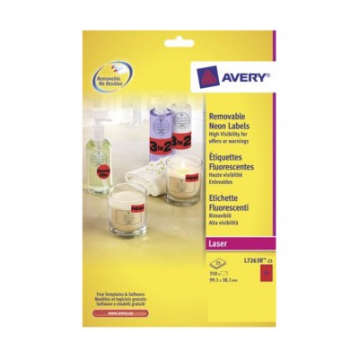 PAQUETE 25 HOJAS ETIQUETAS FLUORESCENTES DESPEGABLES ROJAS IMPRESORAS LaSER 991X381 MM AVERY L7263R 25