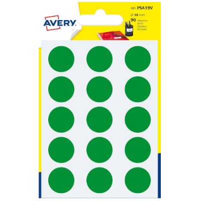 PAQUETE 6 HOJAS ETIQUETAS REDONDAS GOMETS VERDES 19MM DIAMETRO AVERY PSA19V