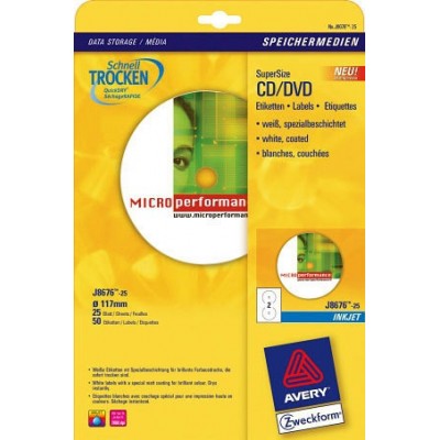 PAQUETE 25 HOJAS ETIQUETAS FULL FACE NO TOUCH BLANCAS PAPEL CUCHe OPACA PARA CD IMPRESORAS INYECCIoN TINTA 117 MM AVERY J8676 2