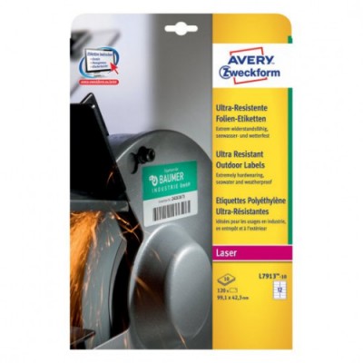 PAQUETE 10 HOJAS ETIQUETAS MUY RESISTENTES DE POLIETILENO FLEXIBLE 991 X 423 MM AVERY L7913 10