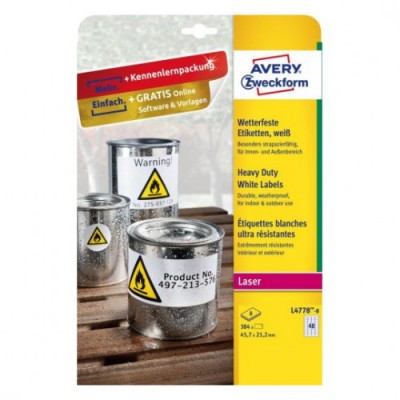 PAQUETE 8 HOJAS ETIQUETAS DE POLIeSTER BLANCO IMPRESORAS LaSER 457X212 MM AVERY L4778 8