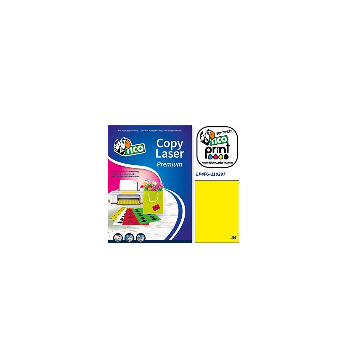 CAJA 70 HOJAS ETIQUETAS AMARILLO FLUORESCENTE SIN MaRGENES LaSER INYECCIoN DE TINTA FOTOCOPIADORAS 210X297 MM TICO LP4FG 210297