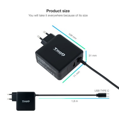 TOOQ CARGADOR PORTaTIL USB C PD30 65W NEGRO