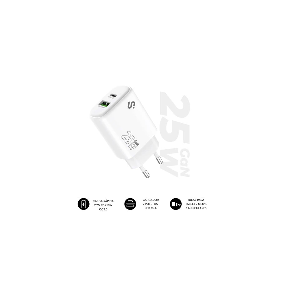 28715-SUBBLIM Cargador GaN 25 W USB-C PD 3.0 + PPS & USB-A QC 3.0, Doble Puerto Rapido para tablets iPad Pro/Air/10/Mini 28715-SUBBLIM Cargador GaN 25 W USB-C PD 3.0 + PPS & USB-A QC 3.0, Doble Puerto Rapido para tablets iPad Pro/Air/10/Mini
