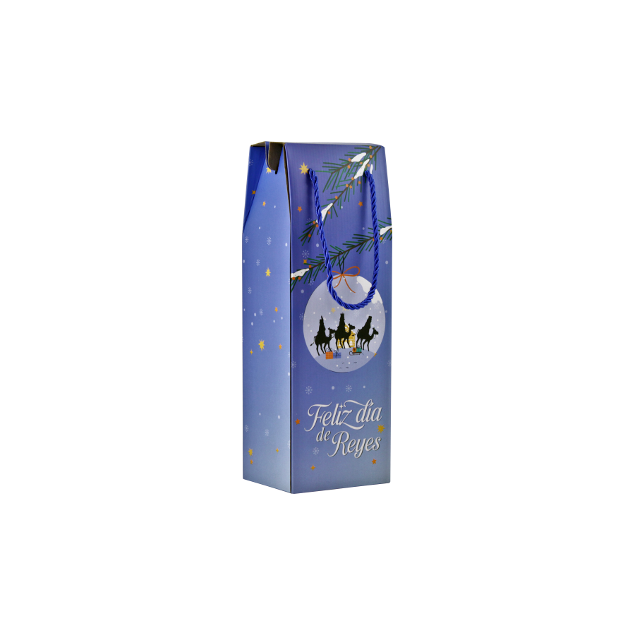 29976-CAJA CON ASA MENSAJES EFECTO MADERA BOTELLERO REYES MAGOS (13X36X10 CM) COLORES SURTIDOS BISMARK 333603