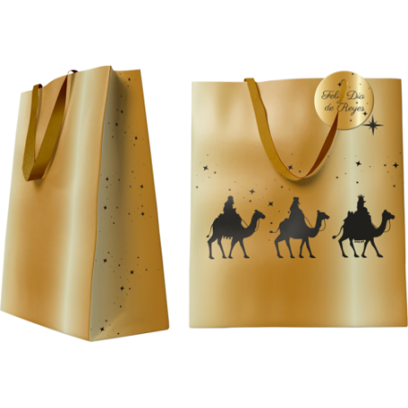 29981-BOLSA DORADA PAPEL REYES MAGOS M (26x12x37 CM) CON TARJETA COLGANTE BISMARK 333672
