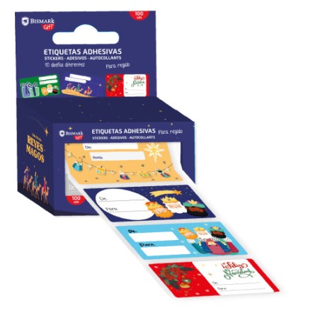 30956-CAJA 100 ETIQUETAS ADHESIVAS PARA REGALOS REYES MAGOS BISMARK 332911