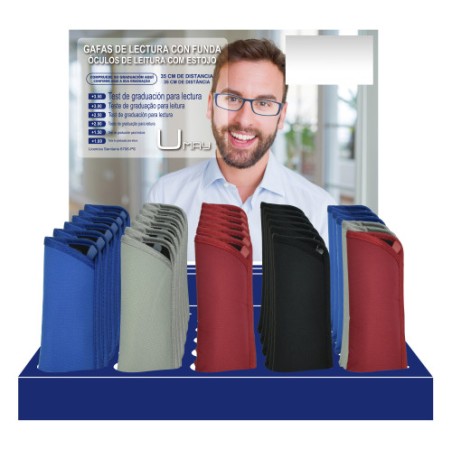 32602-EXPOSITOR 30 GAFAS LECTURA CABALLERO PATILLAS FLEXIBLES 4 MODELOS COLORES Y GRADUACIONES SURTIDOS UMAY 329652