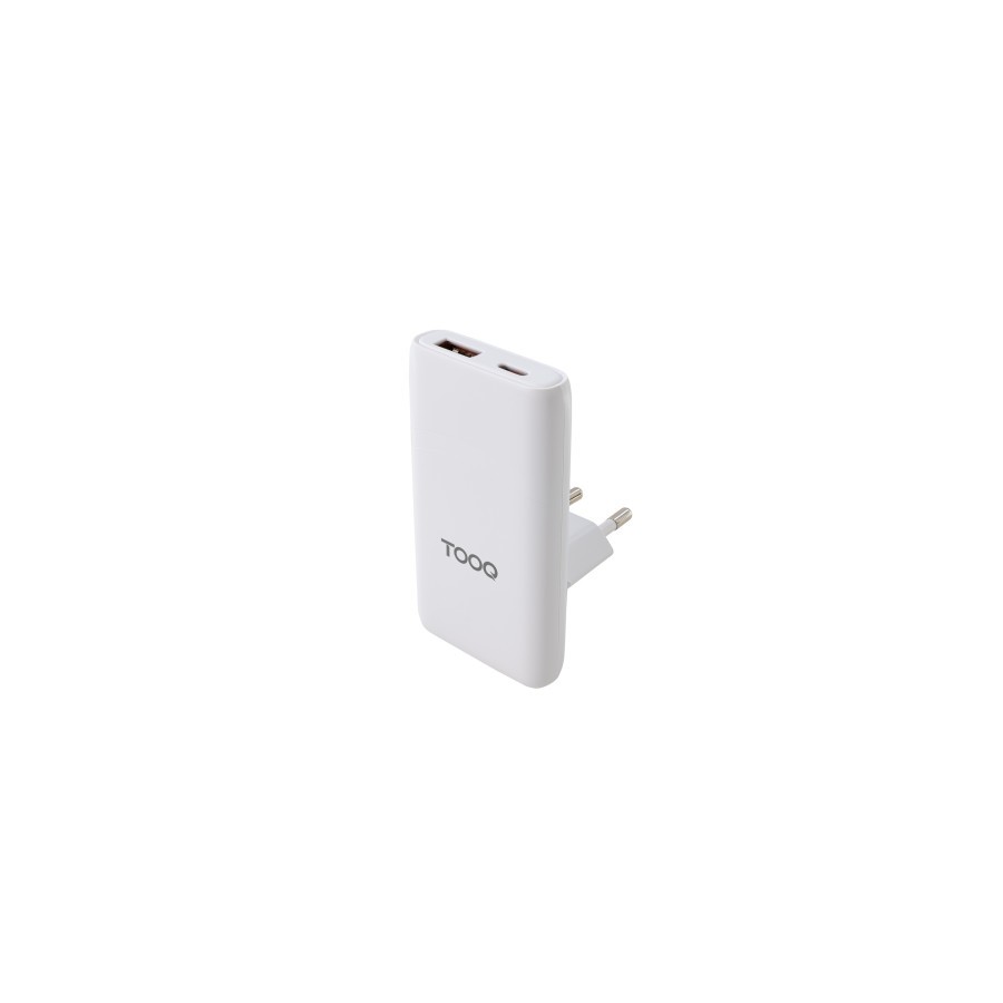 32742-TooQ Cargador de viaje Tipo C y Tipo A, GaN 65W, USB-C/PD + USB-A/QC, Blanco