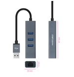 32838-Nanocable Conversor USB 3.0 a Ethernet Gigabit + 3XUSB 3.0, Aluminio, Gris, 15 cm