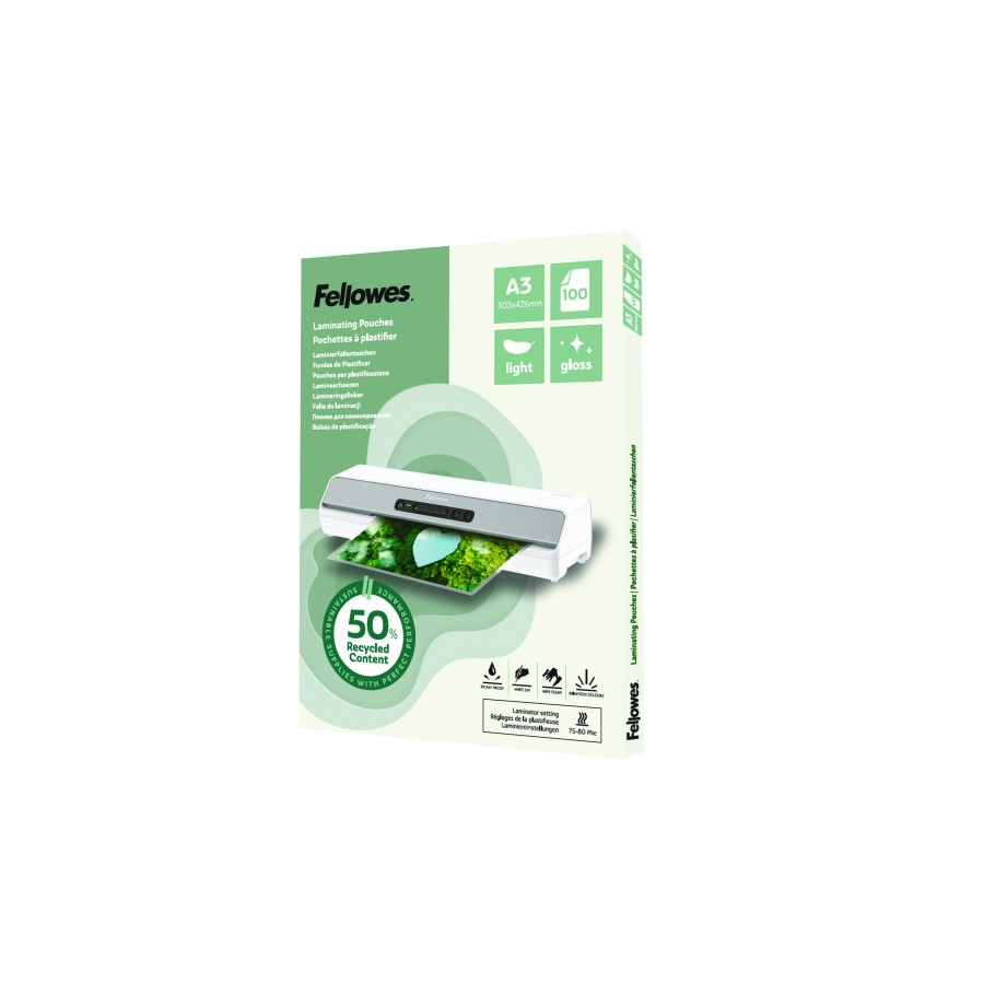 33555-PACK 100 FUNDAS DE PLASTIFICAR RECICLADAS BRILLO A3 FELLOWES 100142988