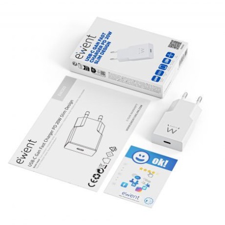 33701-Ewent Cargador Rapido USB-C PD de 20W con Tecnologia GaN y Diseno Ultrafino